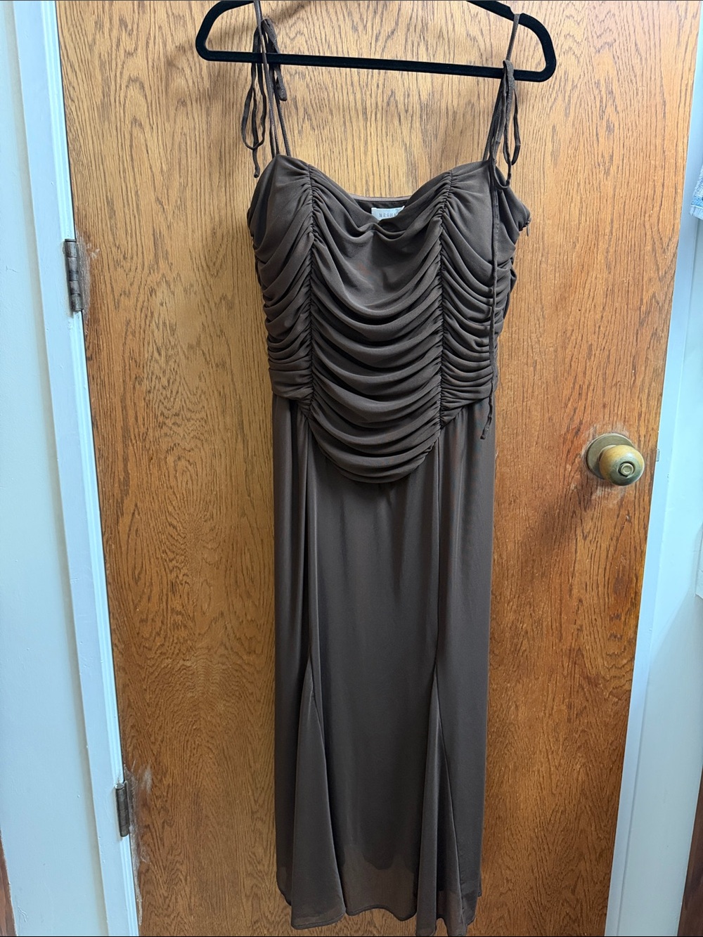Meshki Gathered Mesh Midi Dress - Chocolate Brown
